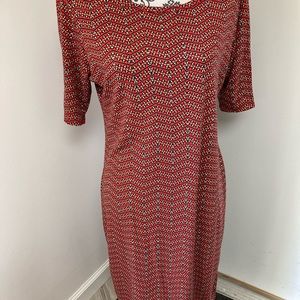 LulaRoe Julia Dress, size L, red, peach, light yellow, light blue.